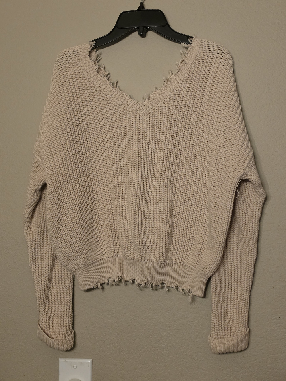 Jessica Simpson Cream Fringe V-Neck Knit Sweater - Picture 2 of 5